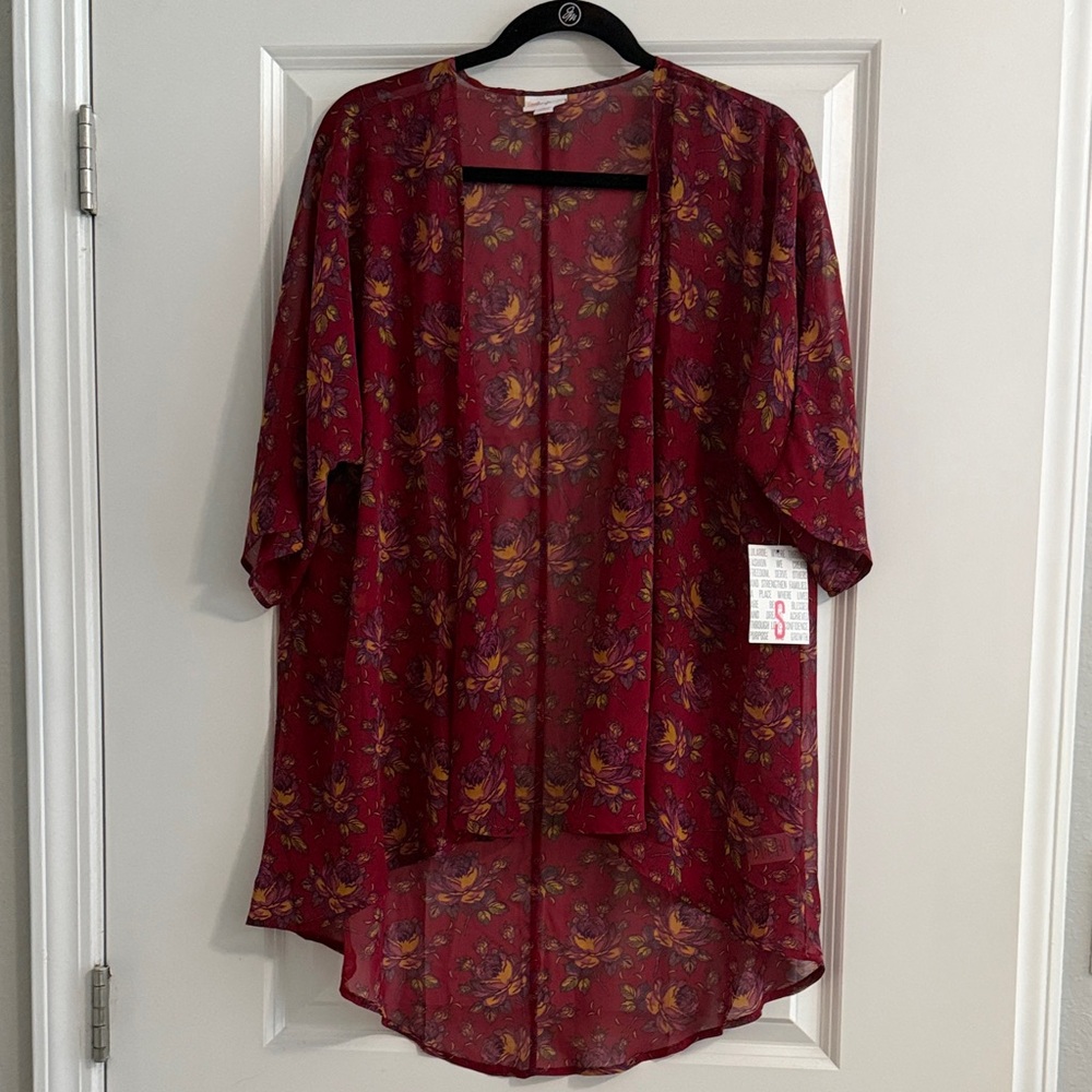 Lularoe Lindsay Sheer Floral Kimono Burgundy Small NWT